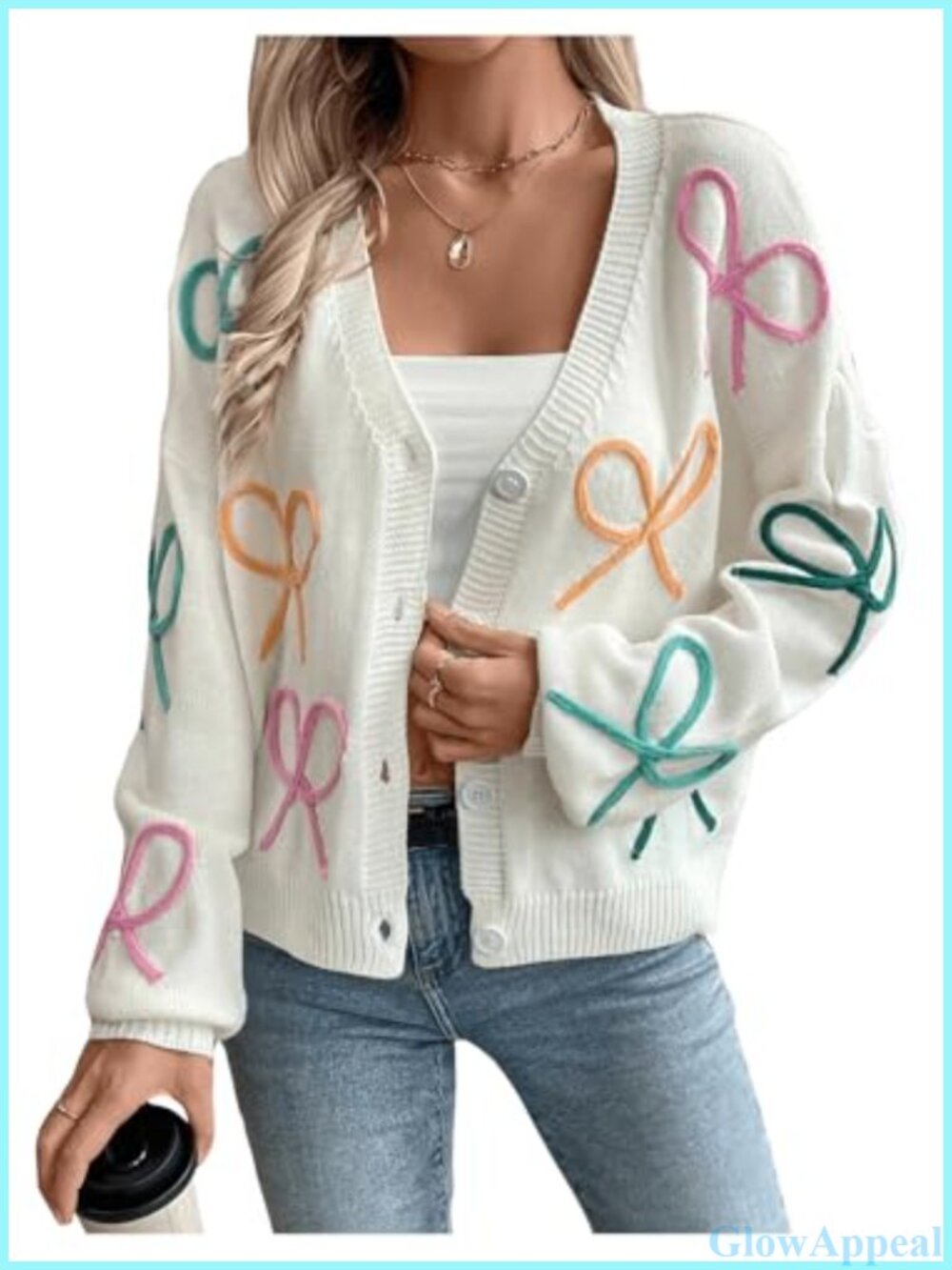 Bow Cardigan Button Down V Neck Long Sleeve Drop Shoulder Knit Sweater